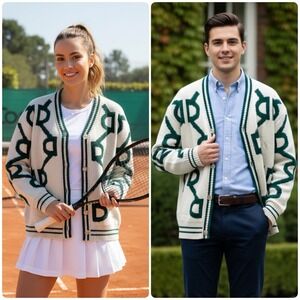Tennis Sweater Cardigan Preppy Classic Green Cream Oversized Grandpa Men Women S